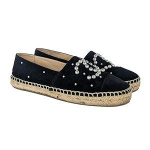 Chanel Black Suede Pearl Espadrille Flats US 9 / Eu 39
